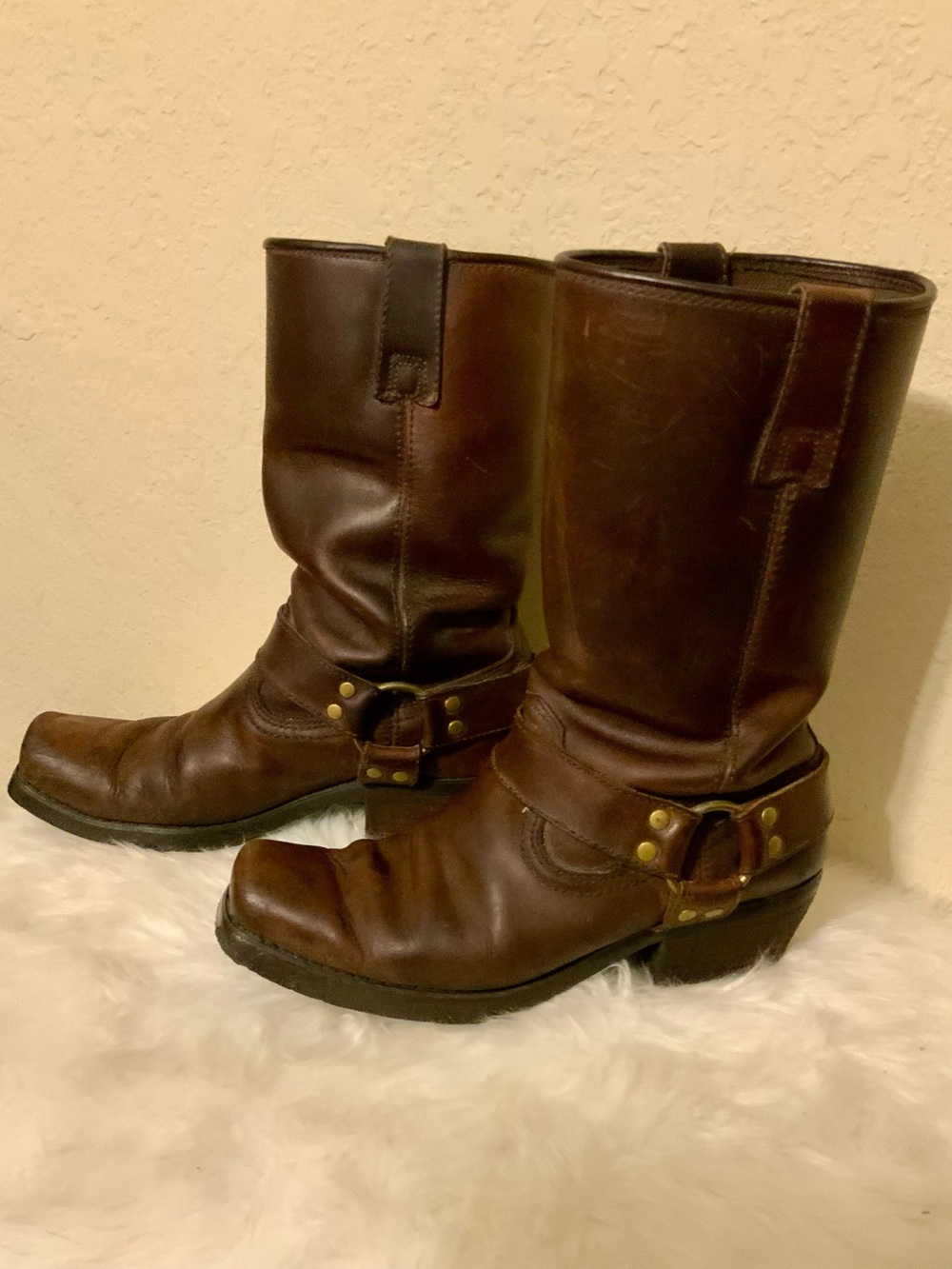 Kaya Woman’s Brown Leather Harness Boots with Brass Hardware